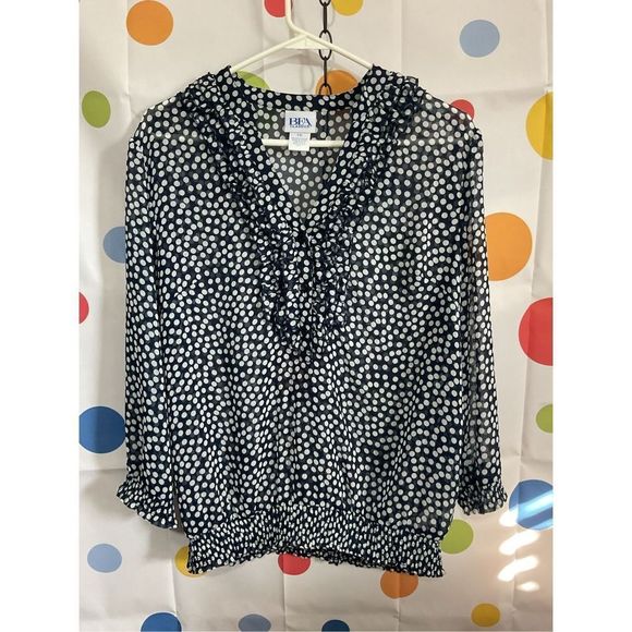 New BFA Classics Semi Sheer Black & White Polka Dot Ruffle Front Blouse Size 16 - Picture 1 of 12